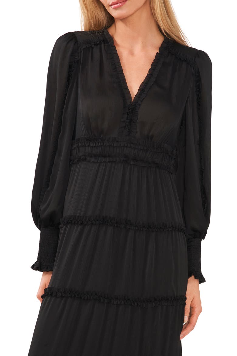 Ruffle Long Sleeve Satin Maxi Dress, Alternate, color, RICH BLACK