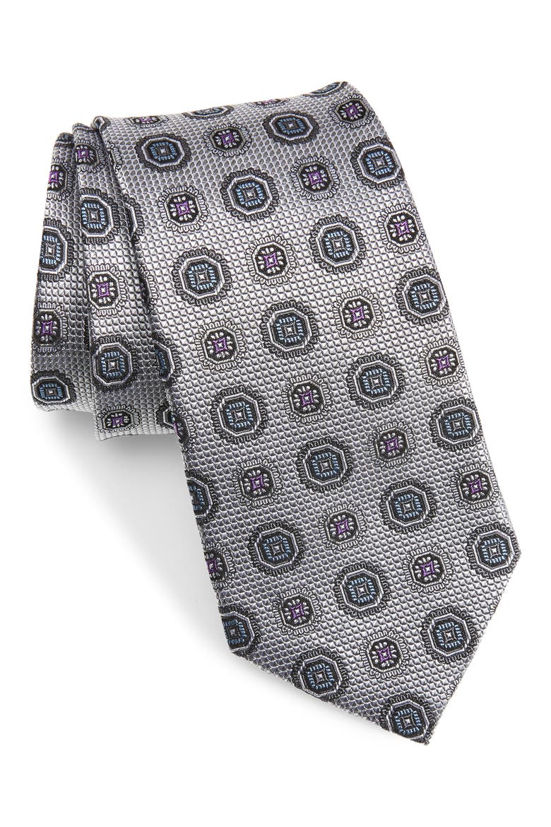 Medallion Silk Tie, Main, color, SILVER
