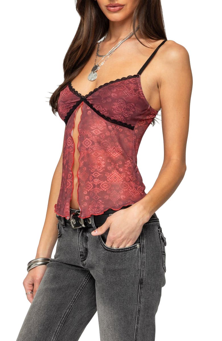 EDIKTED Lace Trim Split Front Camisole, Alternate, color, Bordu