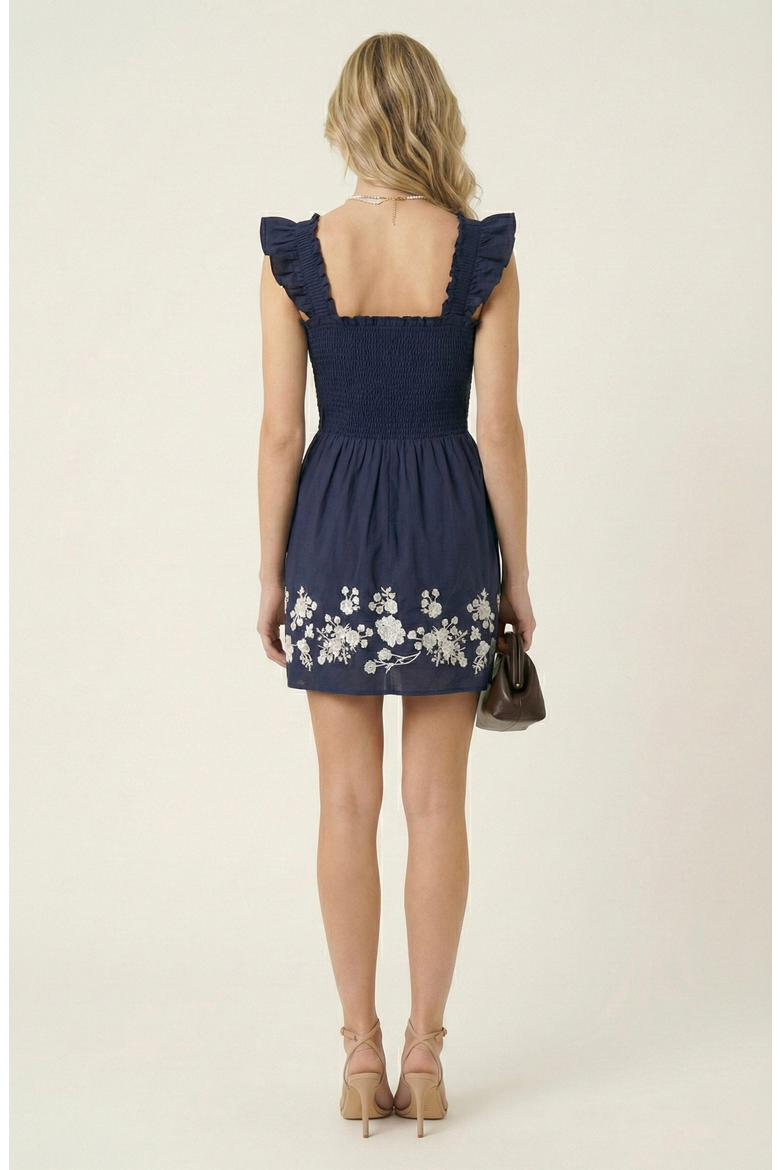 Smocked Ruffle Strap Mini Dress with Floral Embroidery Hem, Alternate, color, Blue