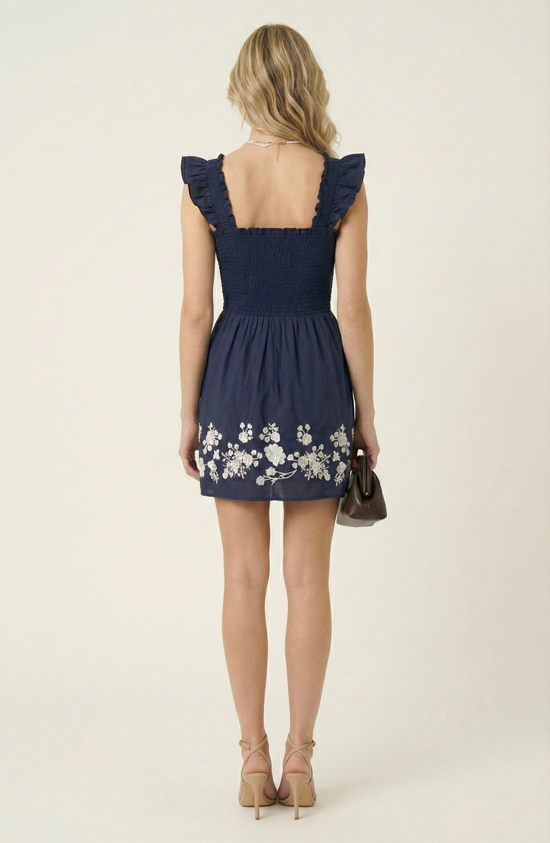Modenaire Smocked Ruffle Strap Mini Dress with Floral Embroidery Hem, Alternate, color, Blue
