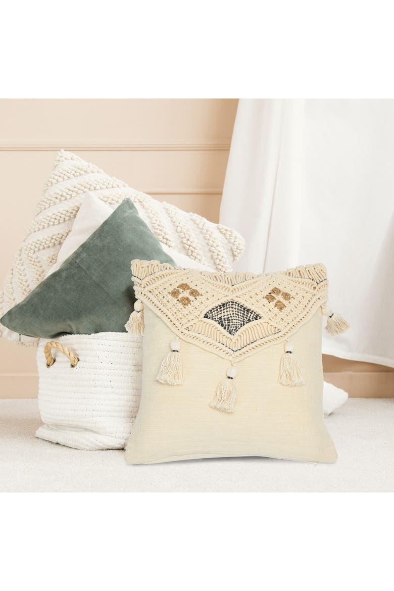 Hand-Woven Cotton and Jute Macramé Pillow with Tassels, Alternate, color, Cream