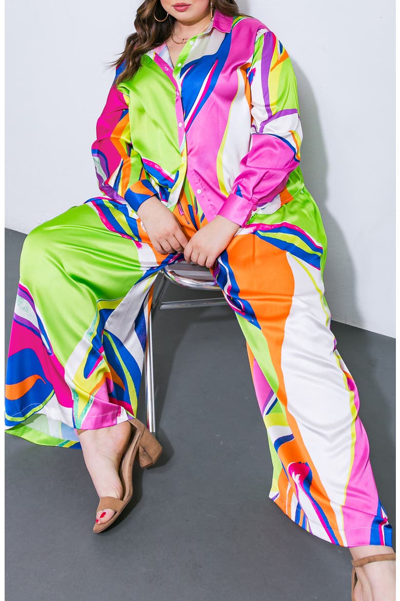 Print Woven Satin Button-Up Shirt, Alternate, color, PINK GREEN