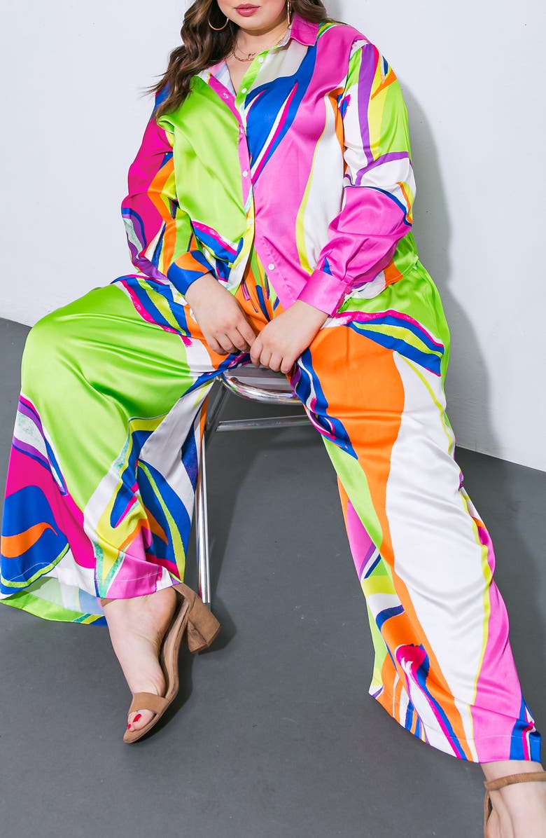 FLYING TOMATO Print Woven Satin Button-Up Shirt, Alternate, color, Pink Green