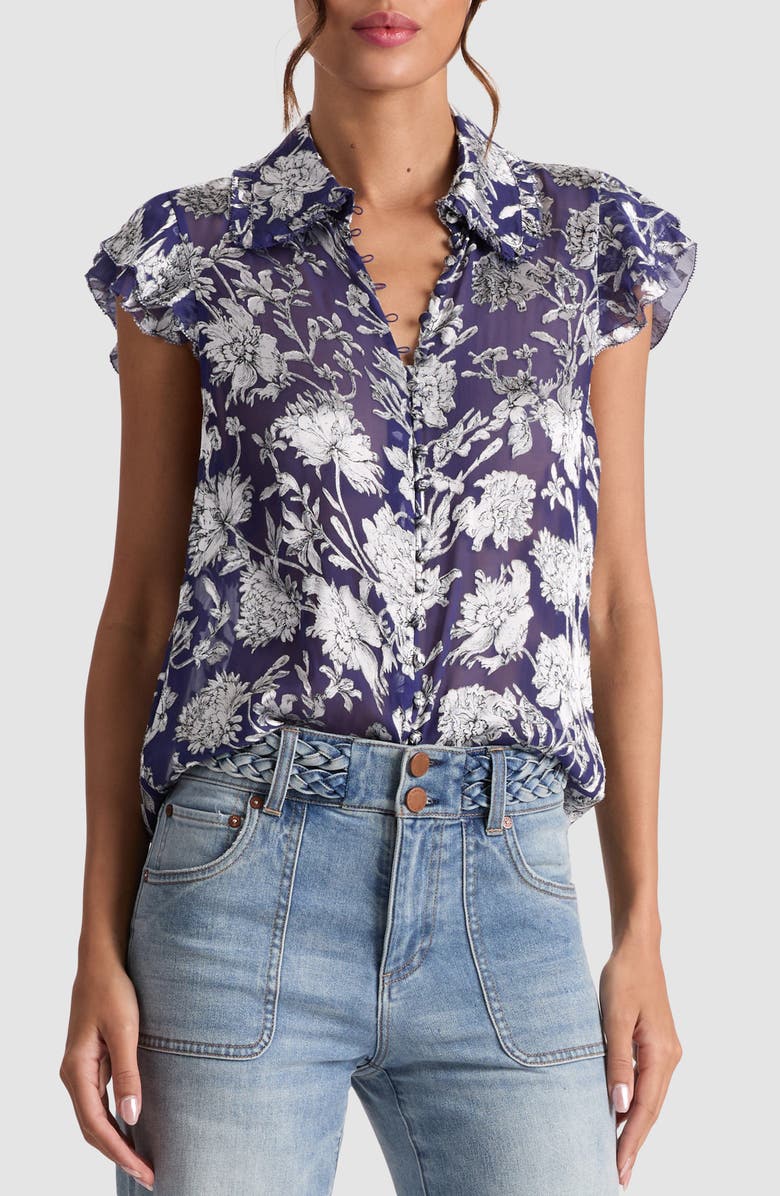 Alice + Olivia Layered Ruffle Sleeve Shirt, Main, color, Blooming Wild Indigo