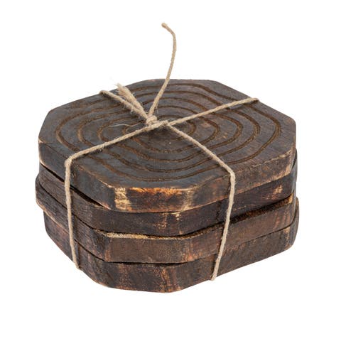 4 Inches Round Hand-Carved Mango Wood Coasters with Distressed Finish, Set of 4