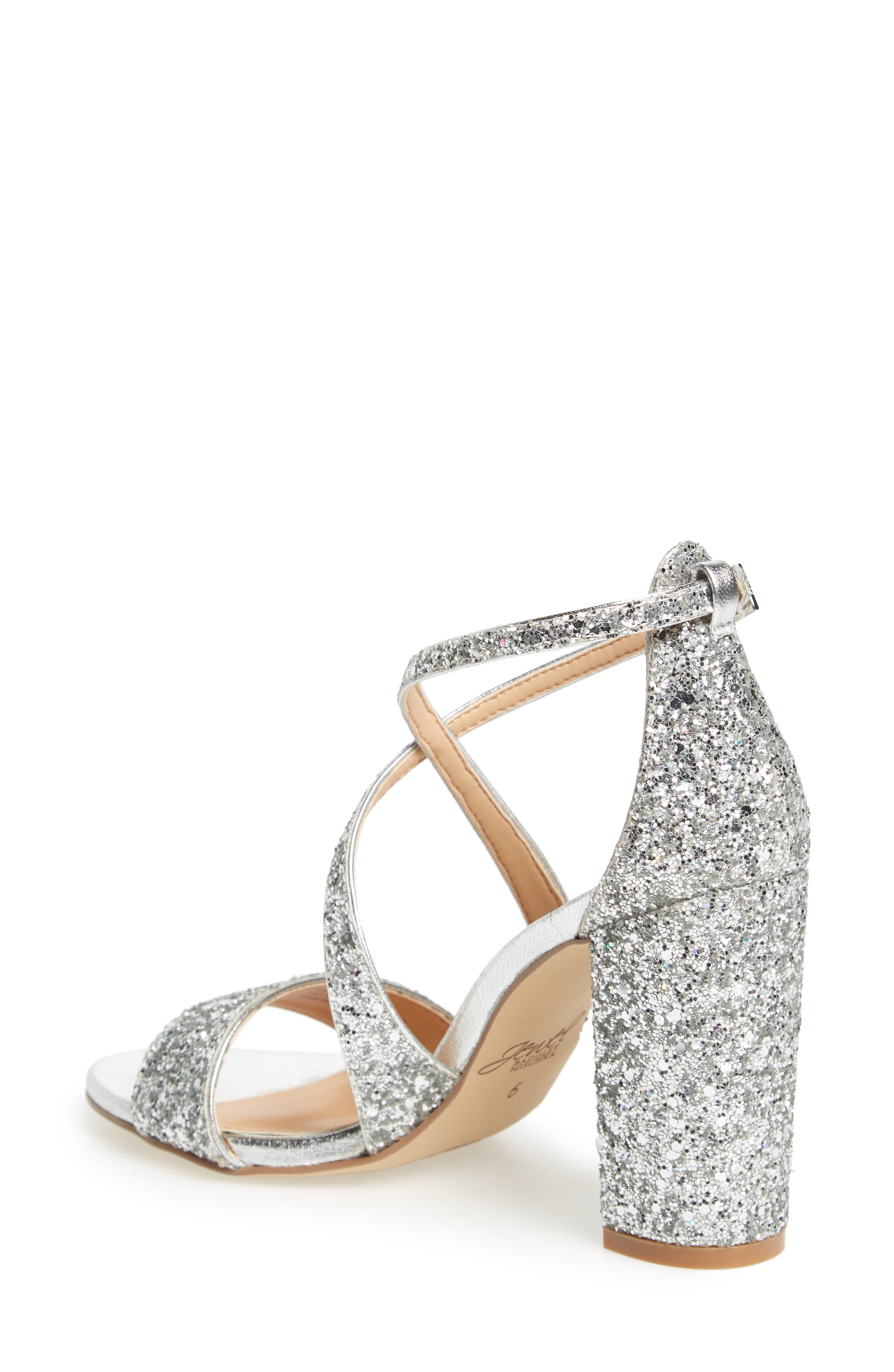 Jewel Badgley Mischka Cook Block Heel Glitter Sandal, Alternate, color, Silver Leather