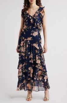 Chelsea28 Cap Sleeve Cascading Ruffle Gown