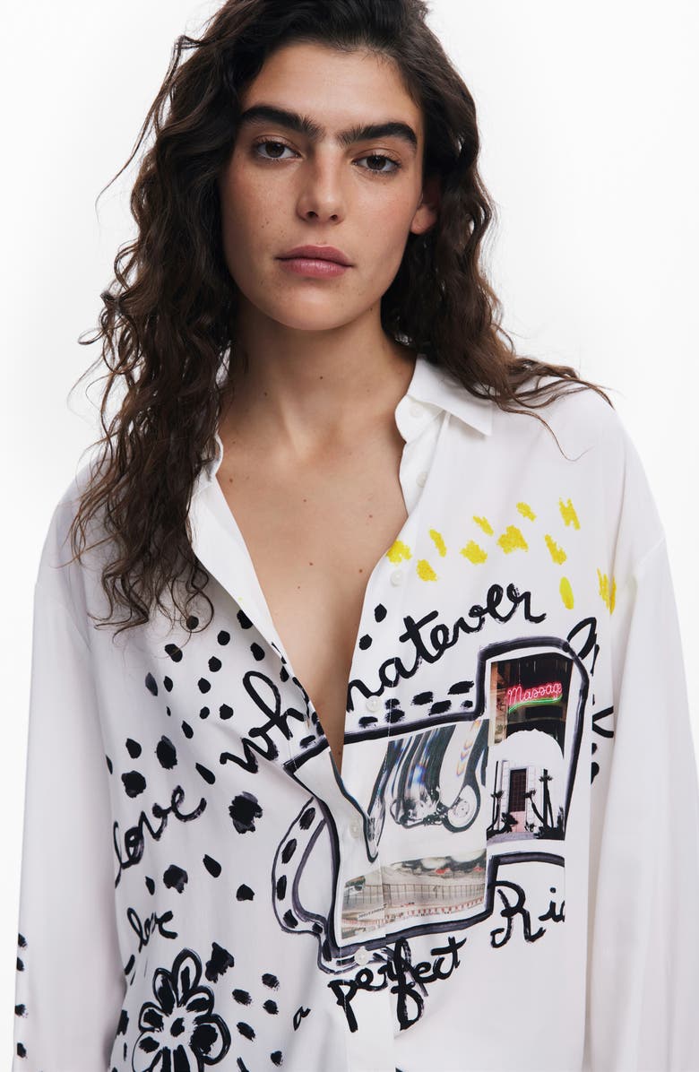 Desigual Print High-Low Shirt, Alternate, color, White
