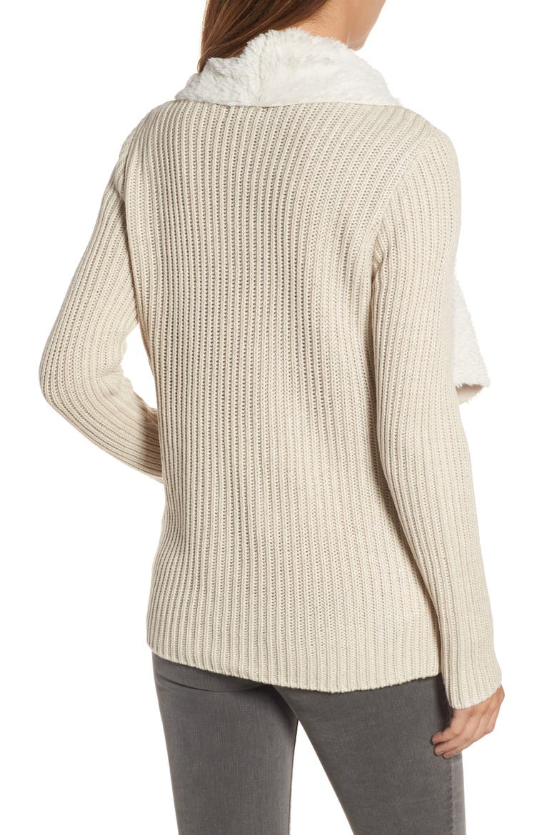 Opal Drape Front Cardigan with Faux Fur Trim, Alternate, color, EGGSHELL