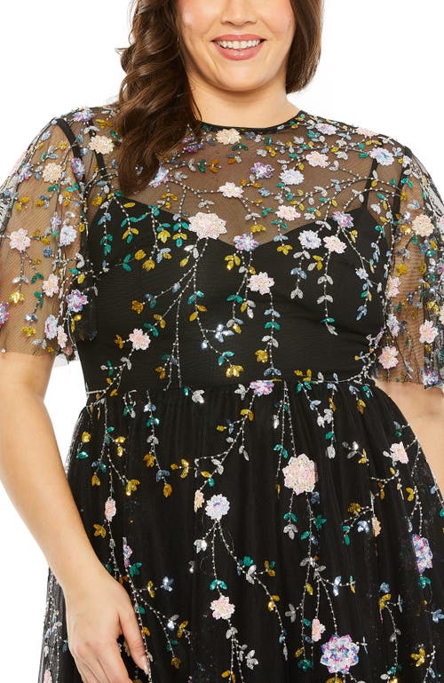 Mac Duggal Embellished Sequin Flutter Sleeve Illusion High Neck Midi Dress In Black Multi