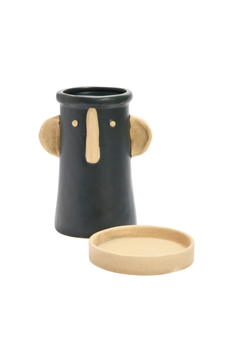 Stoneware Face Planter with Saucer, Matte Black and Cream, Alternate, color, Black