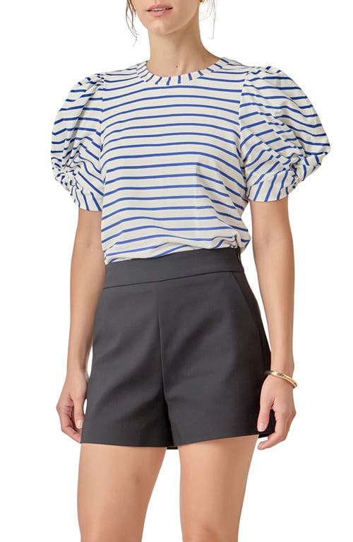 English Factory Stripe Puff Sleeve Stretch Cotton Top In White