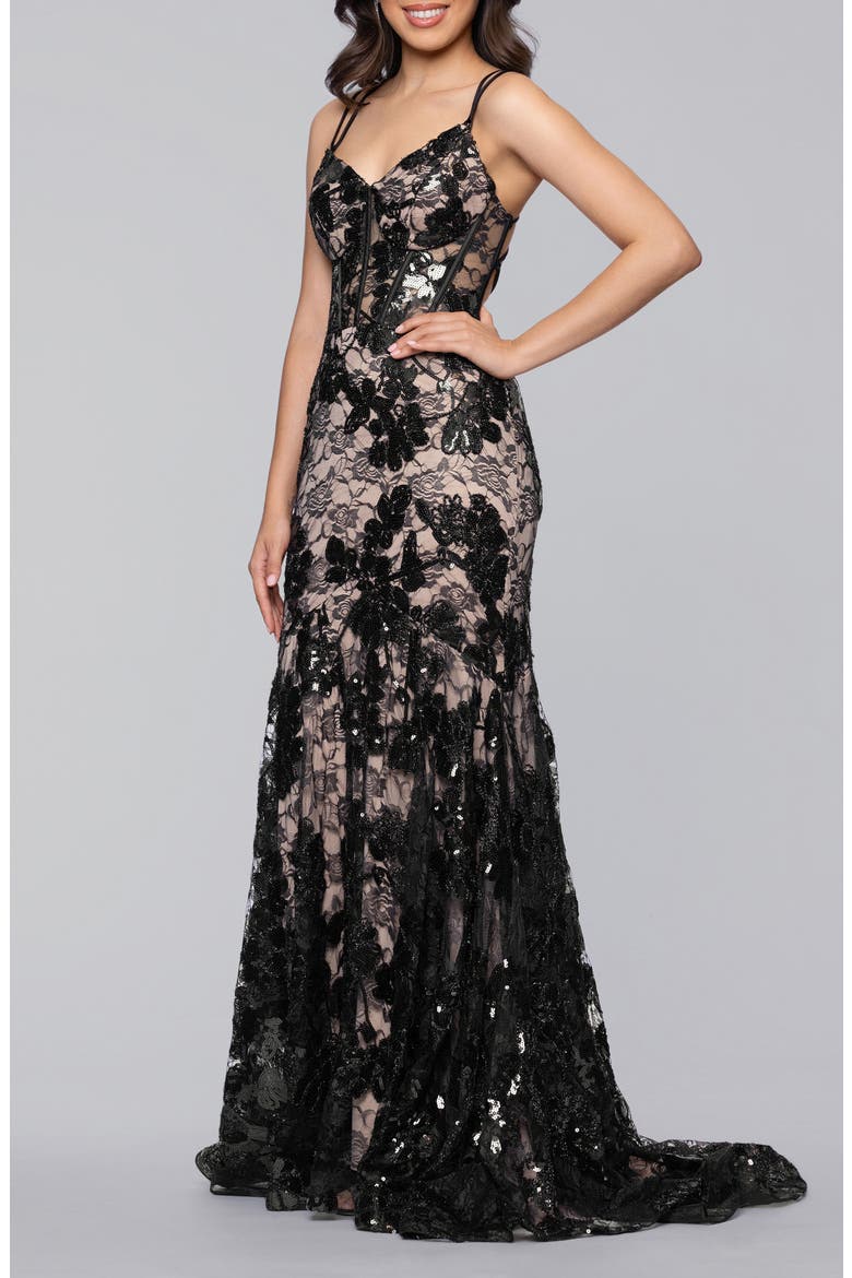 Sequin Strappy Lace Trumpet Gown, Alternate, color, BLACK/ NUDE