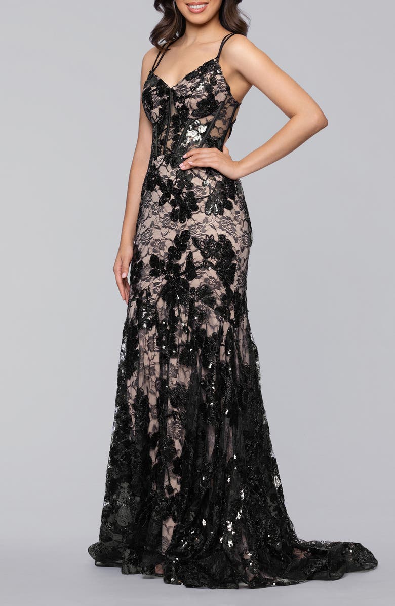 Blondie Nites Sequin Strappy Lace Trumpet Gown, Alternate, color, Black/ Nude