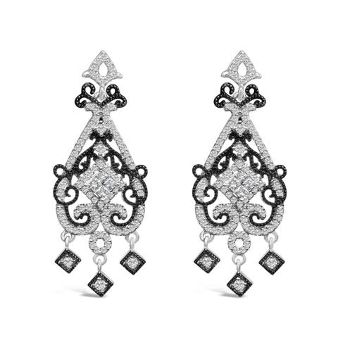 Black Rhodium and Silver 3/4 Cttw Diamond Chandelier Earrings
