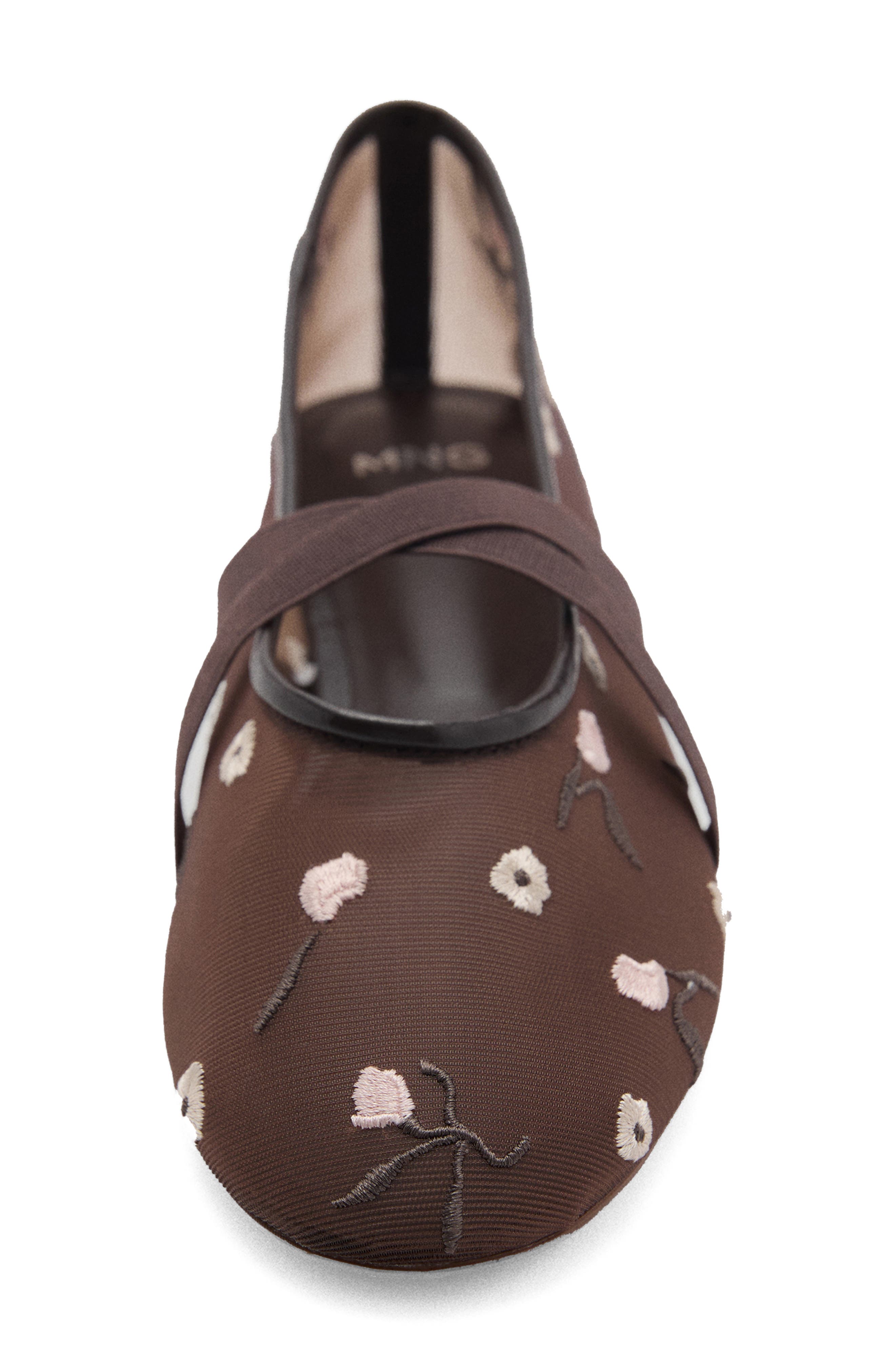 MANGO Floral Embroidered Cross Strap Ballerina Flat, Alternate, color, Brown