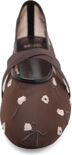 Floral Embroidered Cross Strap Ballerina Flat