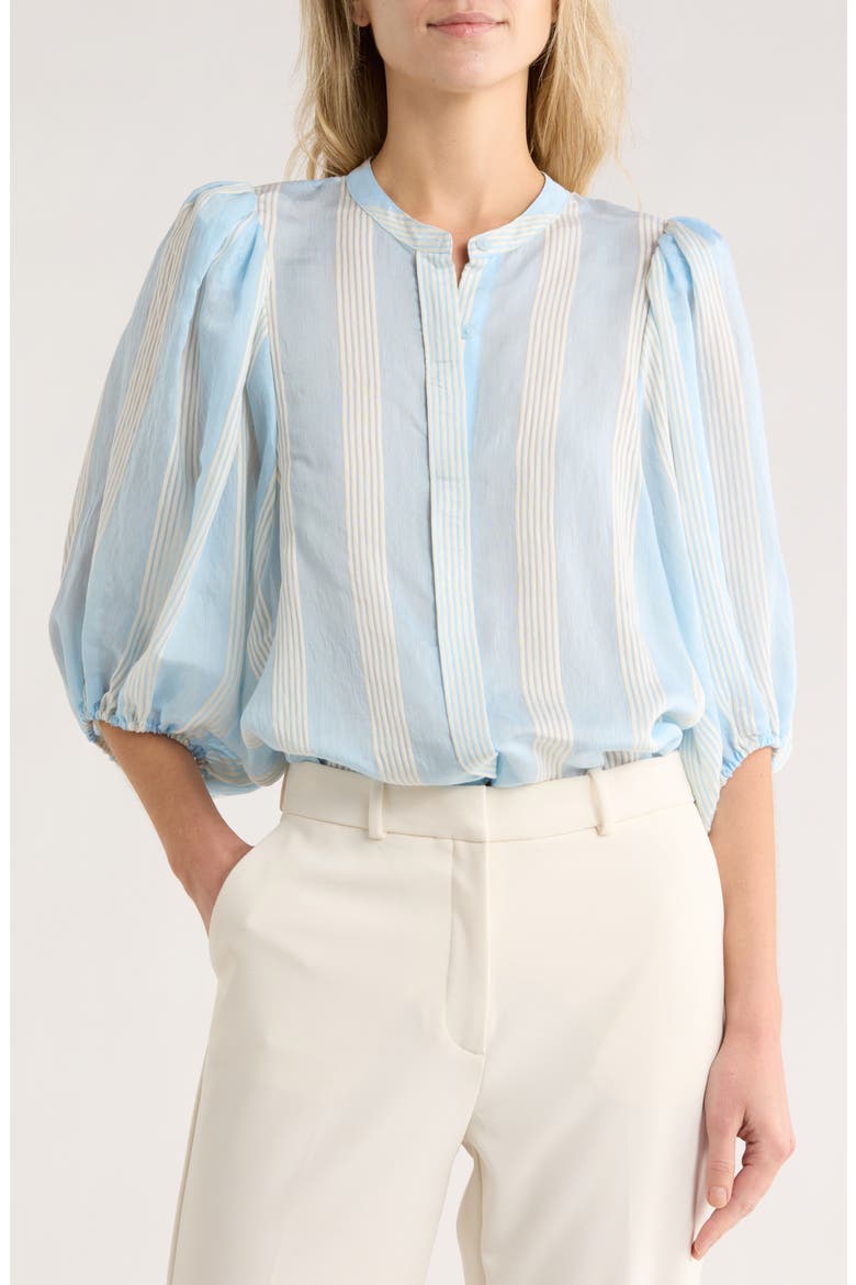 Stripe Balloon Sleeve Button-Up Shirt, Main, color, BLUE FLOATY- IVORY DELRAY STP