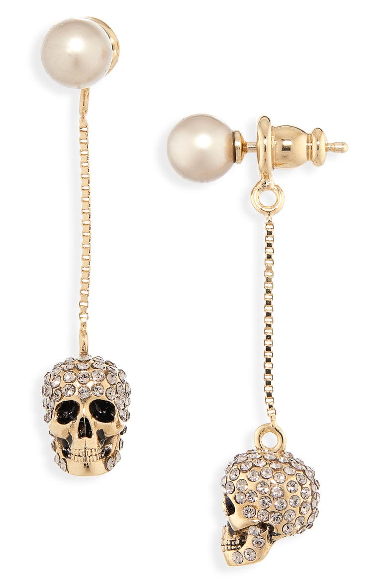 Alexander McQueen Pavé Skull Drop Earrings, Main, color, COFFEE