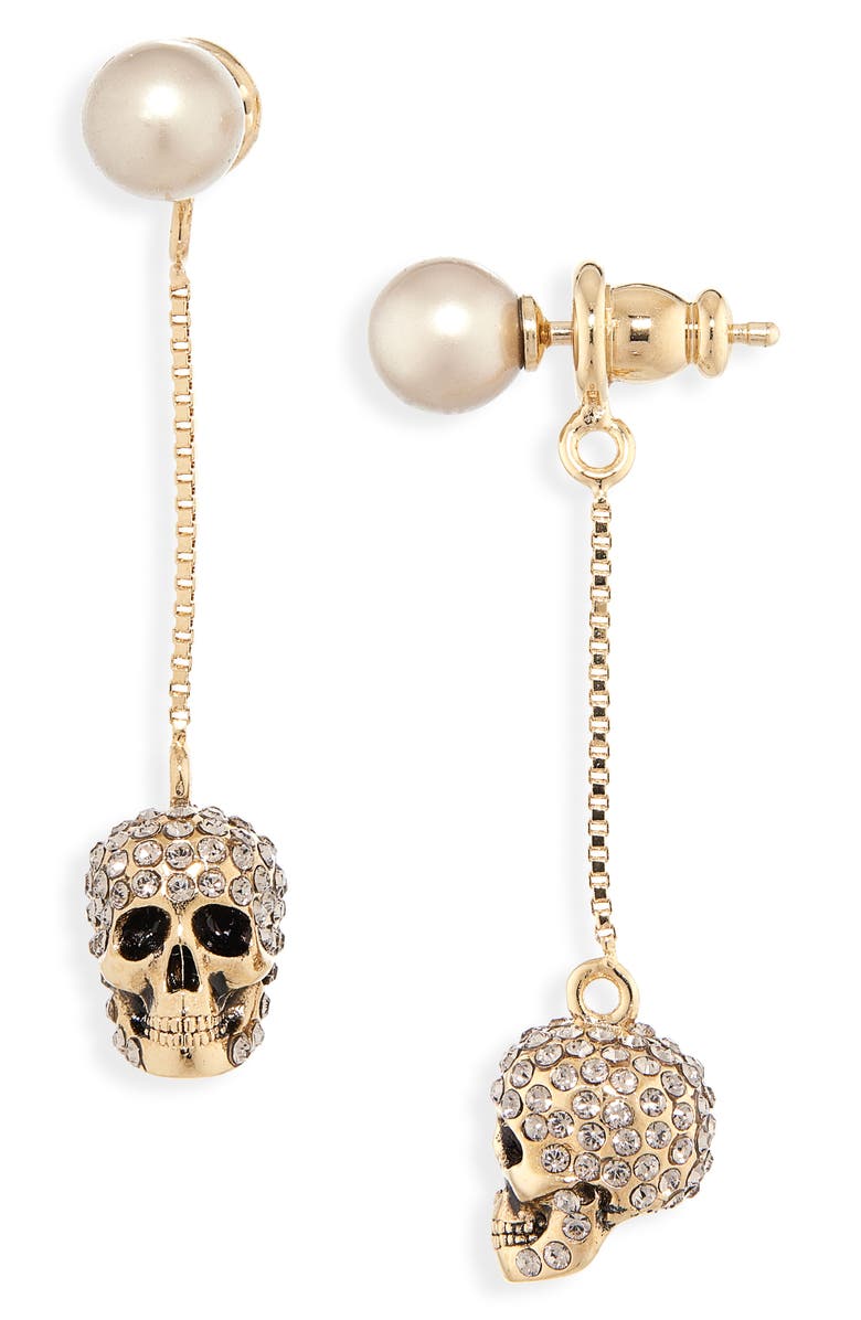 McQueen Alexander McQueen Pavé Skull Drop Earrings, Main, color, Coffee