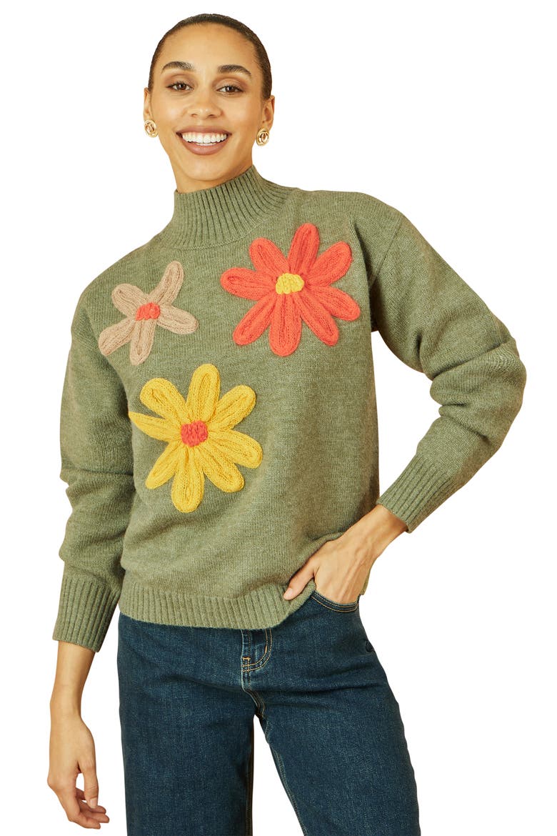 Floral Detail High Neck Knit Sweater, Alternate, color, Green