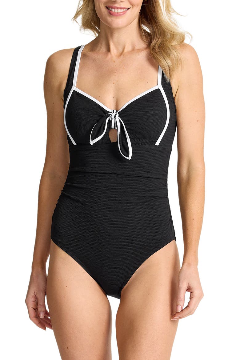 Island Cays Cabana Tie Front One-Piece Swimsuit, Main, color, BLACK