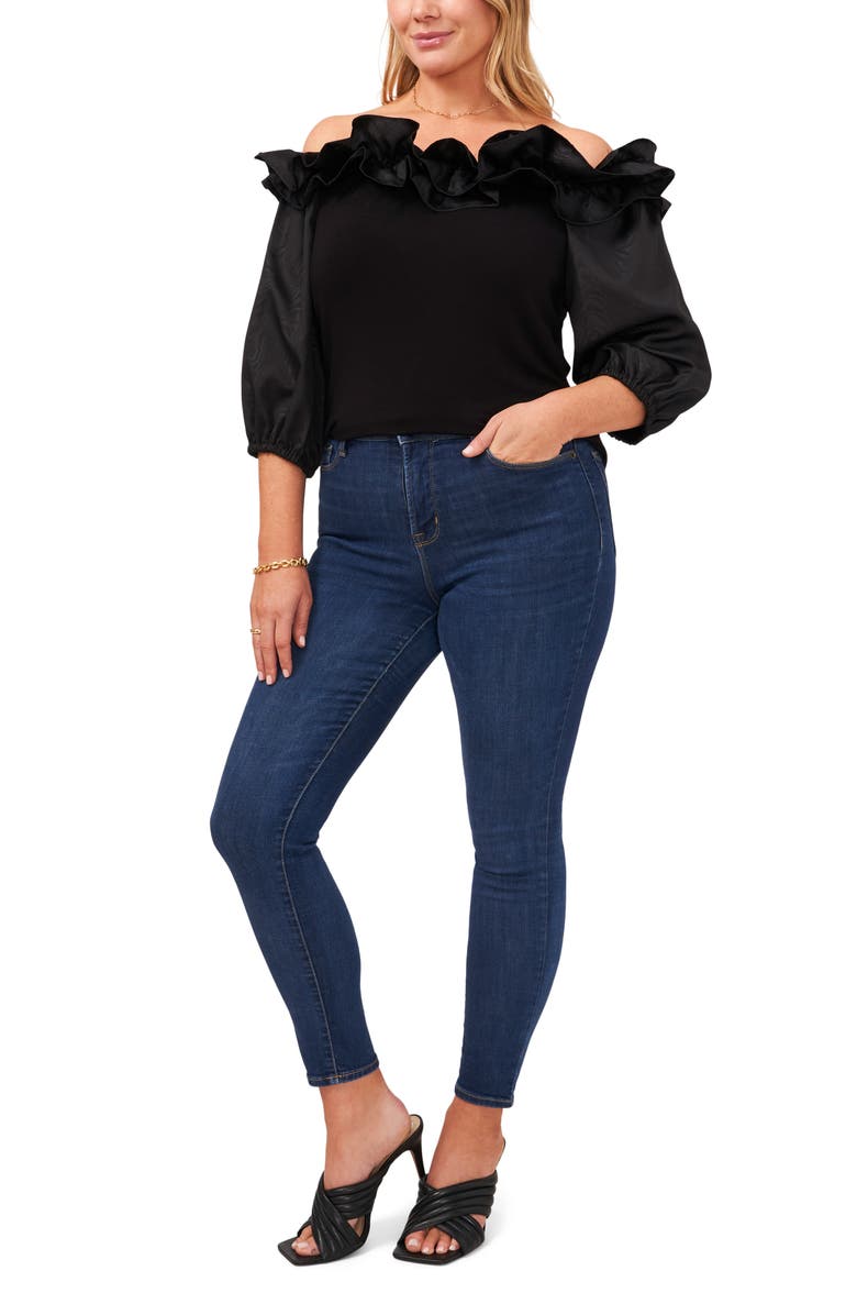 Vince Camuto Mixed Media Off the Shoulder Blouse, Alternate, color, Rich Black