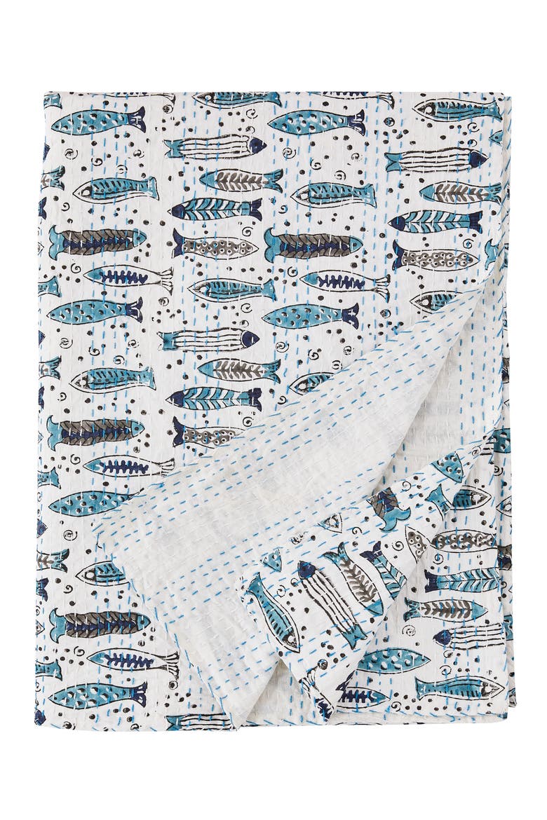 Fish Kantha Cotton Coverlet, Main, color, INDIGO