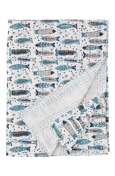 Fish Kantha Cotton Coverlet