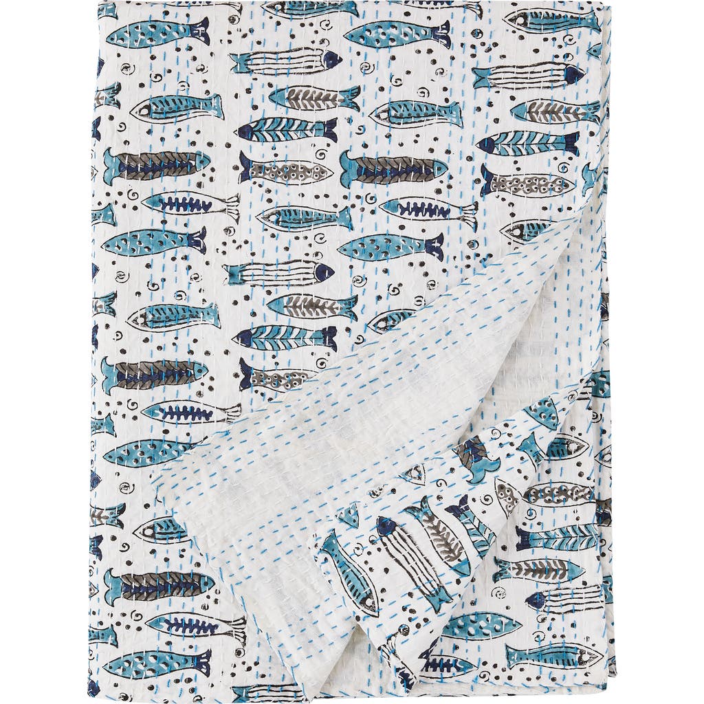 Melange Home Fish Kantha Cotton Coverlet In Indigo
