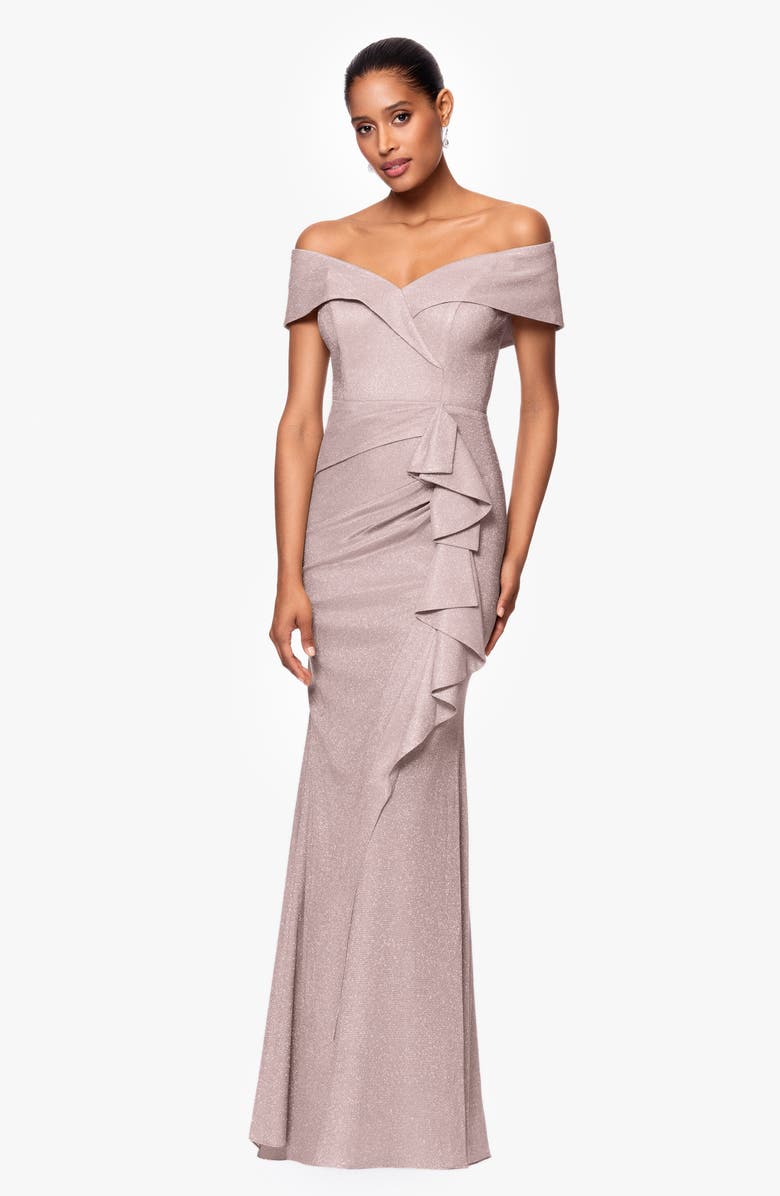Xscape Evenings Ruffle Off the Shoulder Foil Knit Trumpet Gown, Alternate, color,