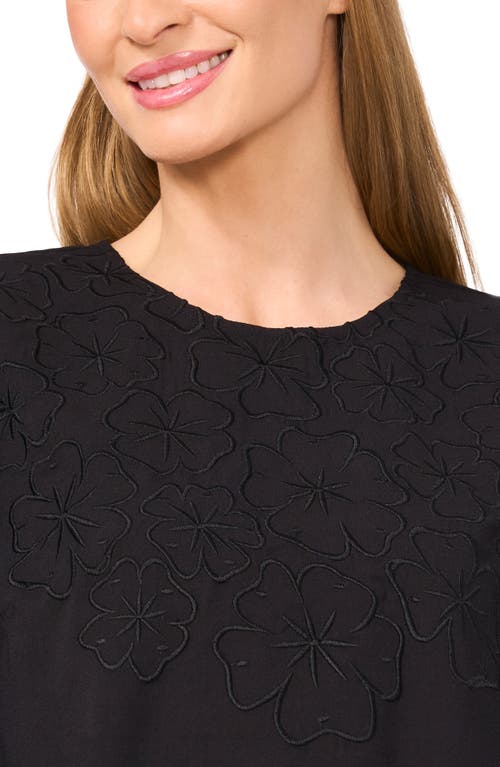 Cece Floral Embroidery Long Sleeve Crepe Shirt In Rich Black
