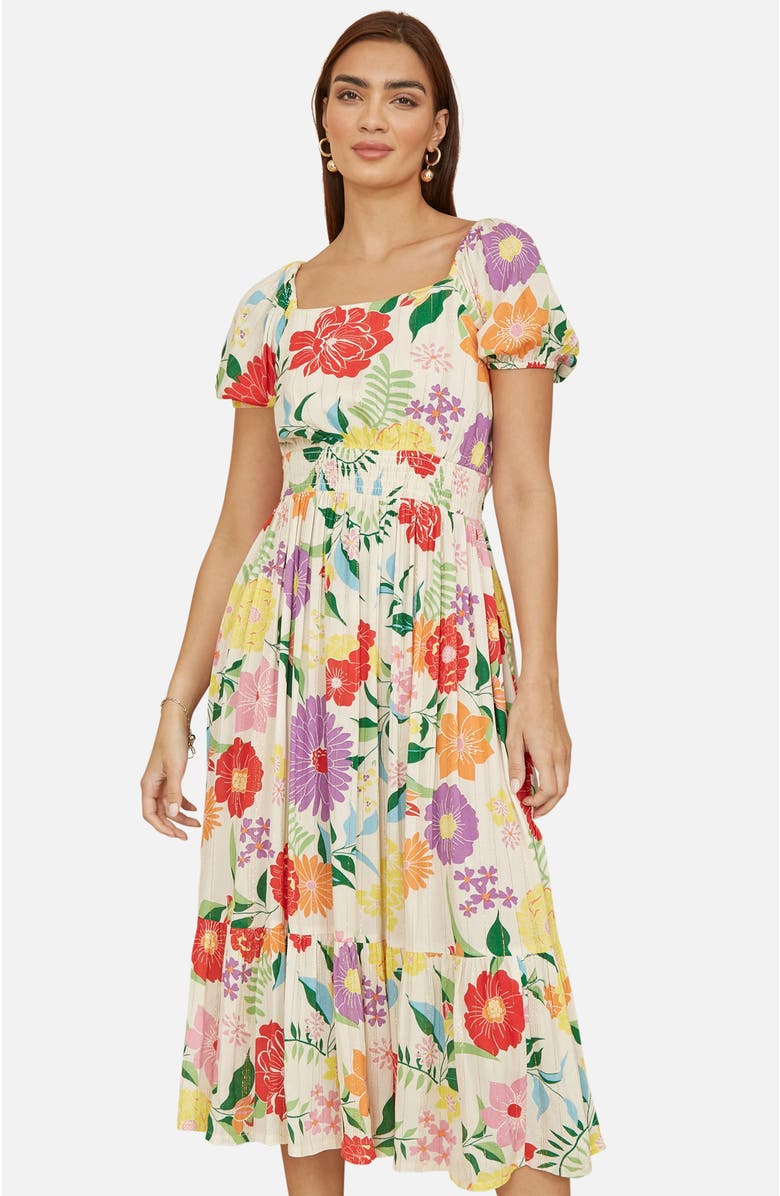 Yumi Short Sleeve Square Neck Midi Dress, Alternate, color, Multi