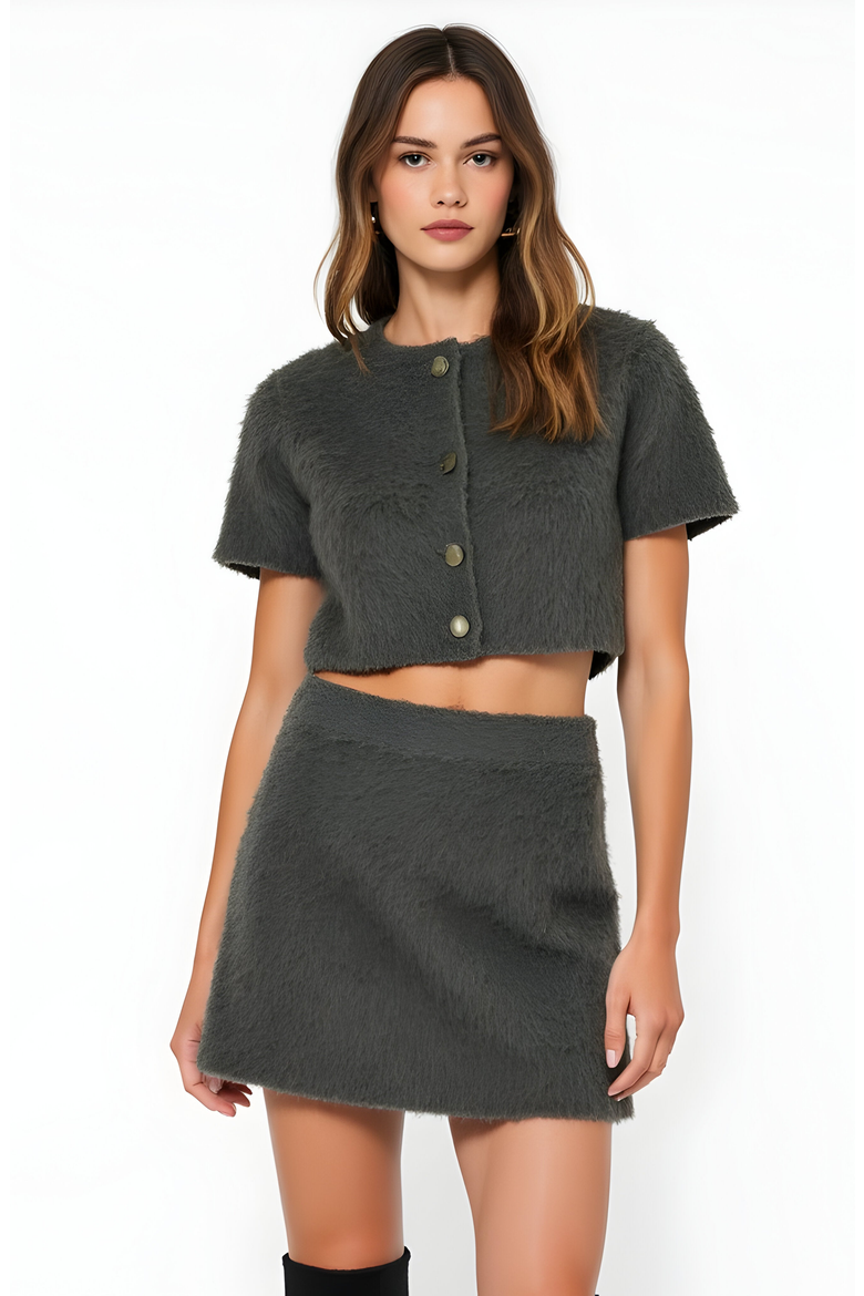 Fuzzy Knit Crop Top and Mini Skirt Set with Button Front Detail, Main, color, Gray
