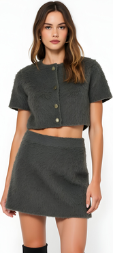 Modenaire Fuzzy Knit Crop Top and Mini Skirt Set with Button Front Detail