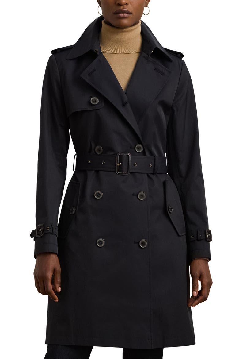 Double Breasted Belted Cotton Blend Trench Coat, Main, color, DK NAVY