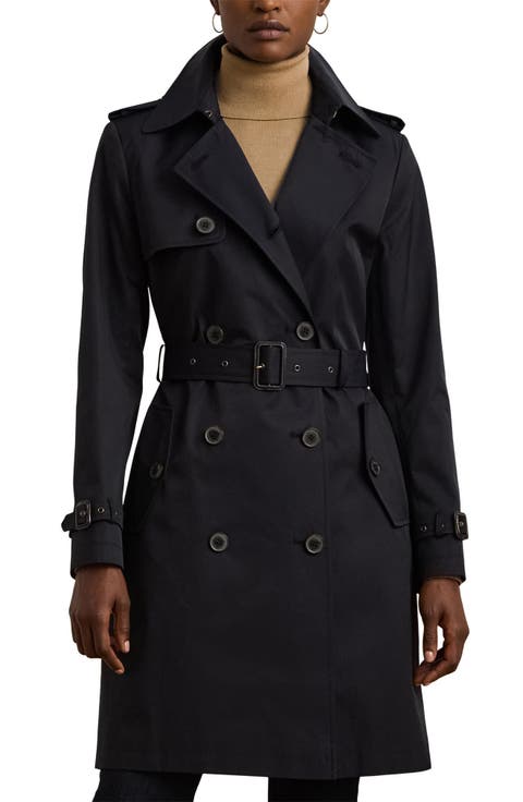 Double Breasted Belted Cotton Blend Trench Coat