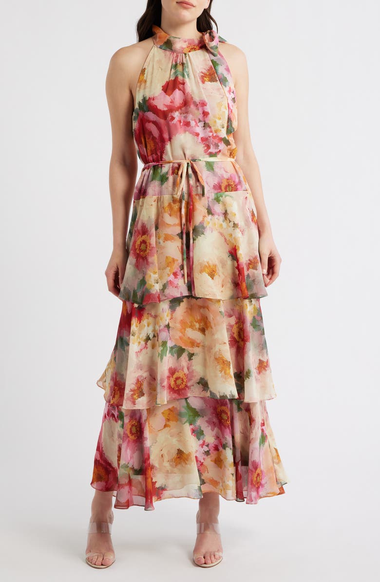 Julia Jordan Mock Neck Tiered Maxi Dress, Main, color, Orange Multi