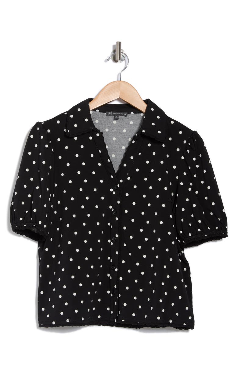Adrianna Papell Polka Dot Puff Sleeve Knit Button-Up Top, Alternate, color, 