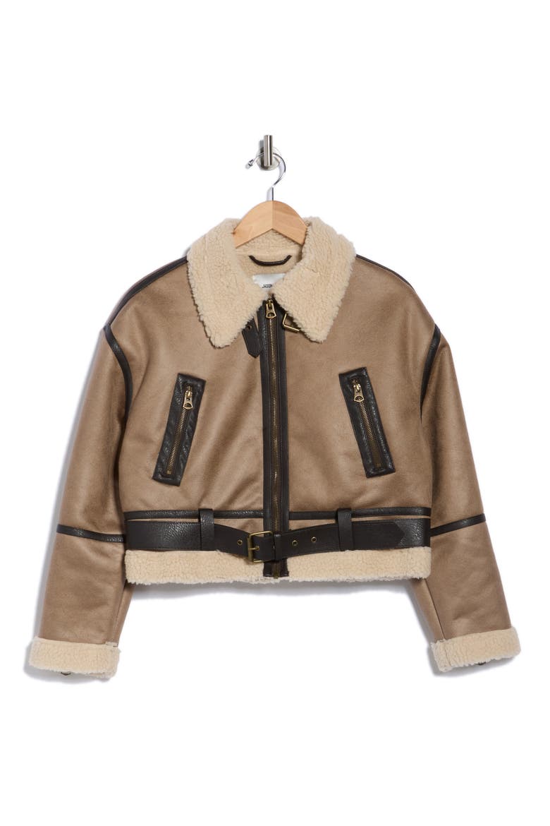 Faux Shearling Trim Jacket, Alternate, color, BEIGE/ CHOCOLATE