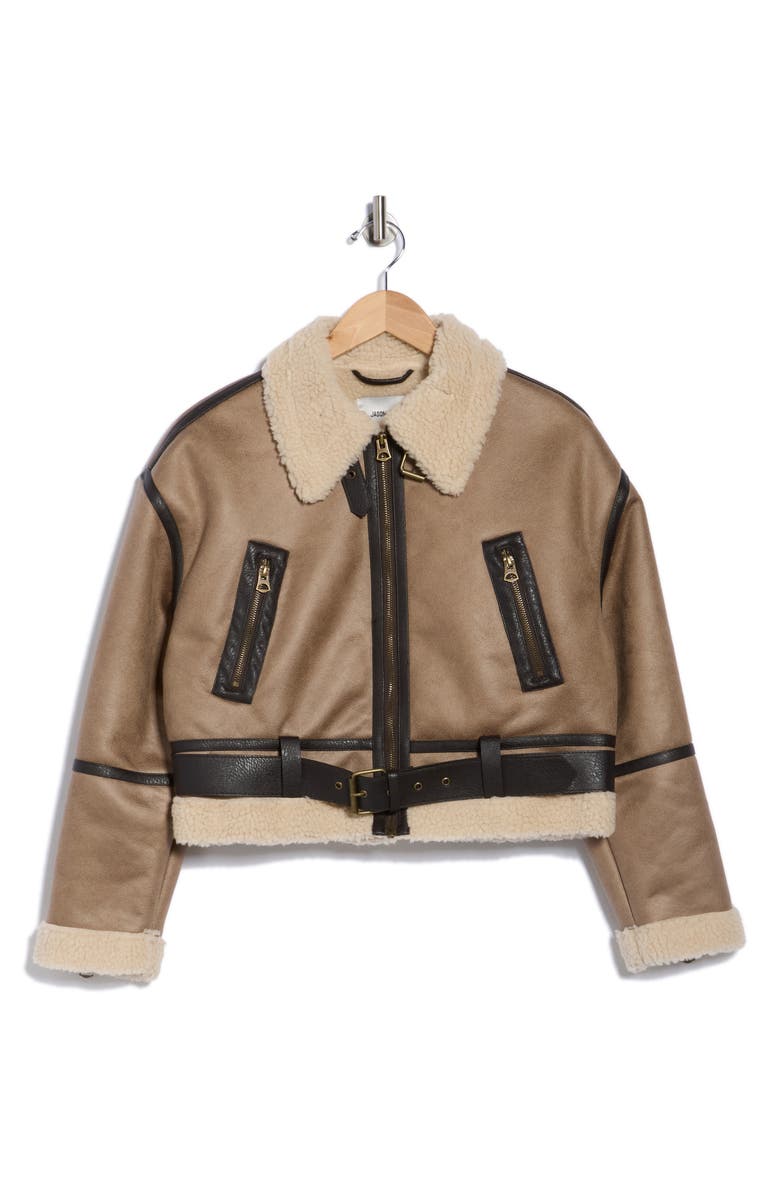 JASON WU Faux Shearling Trim Jacket, Alternate, color, Beige/ Chocolate