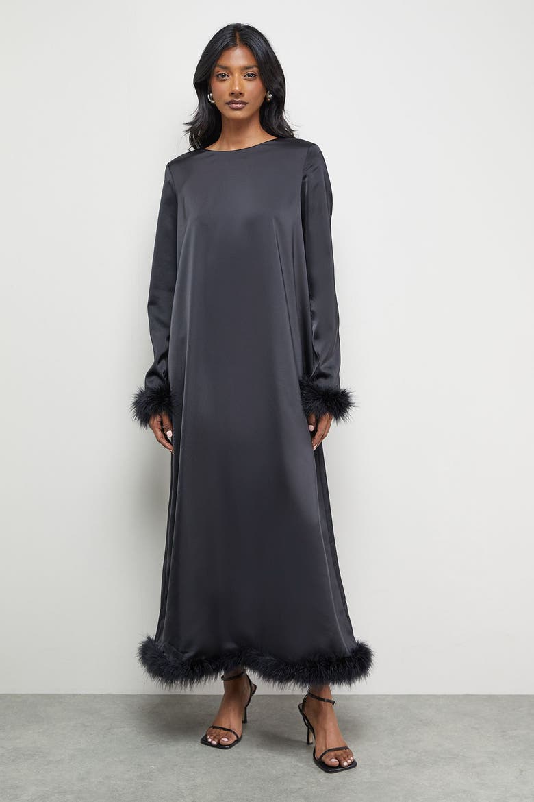 Feather High Neck Swing Midi Dress, Main, color, Black
