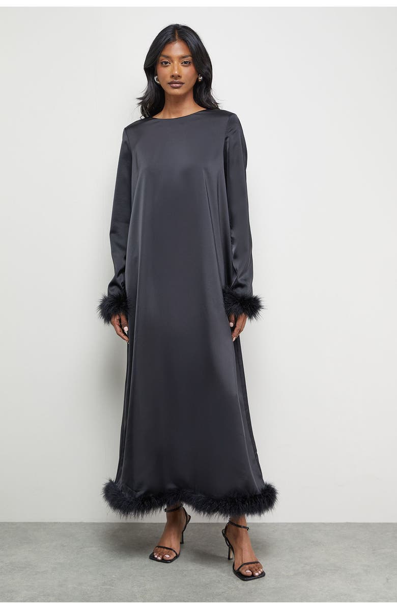 Warehouse Feather High Neck Swing Midi Dress, Main, color, Black