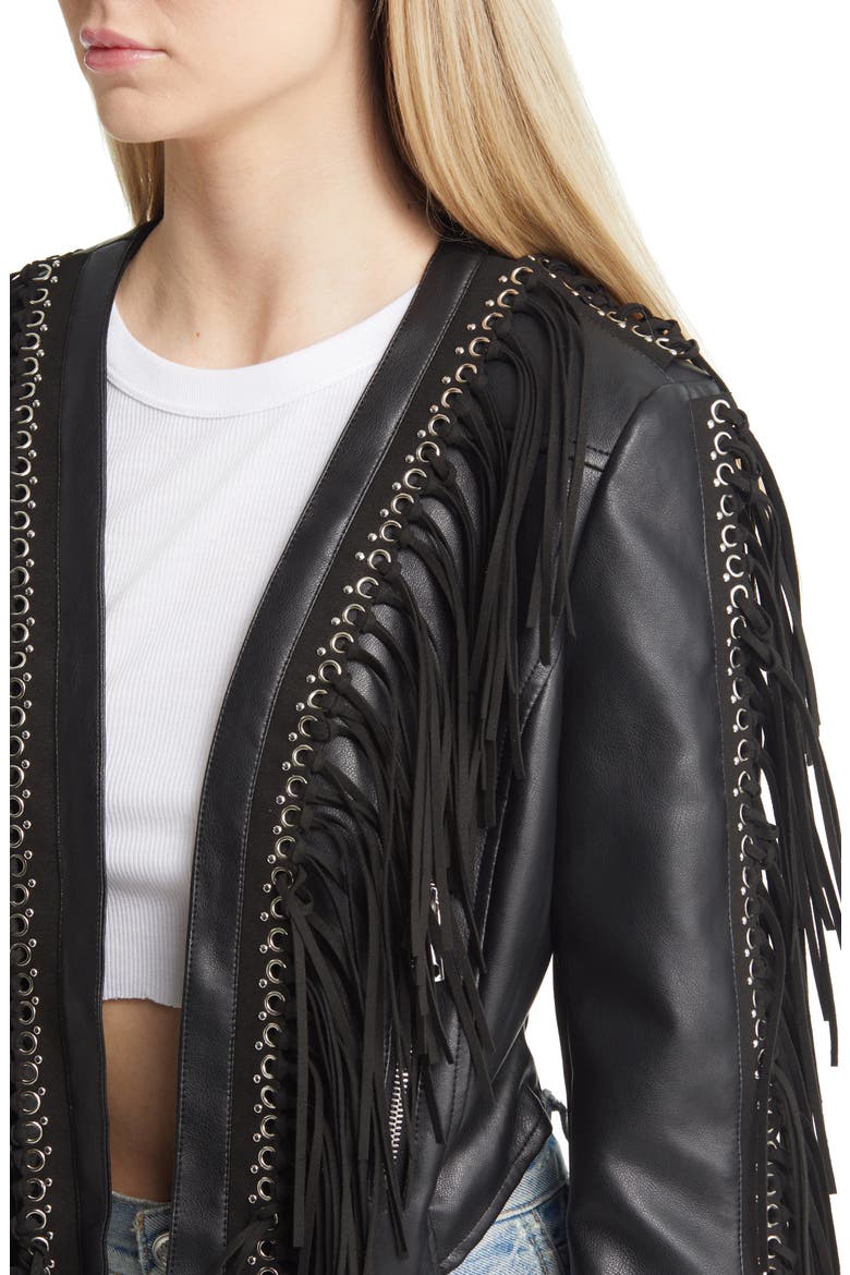 Fringe & Rivet Detail Faux Leather Jacket, Alternate, color, BLACK