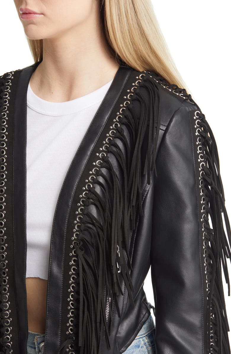 AZALEA WANG Fringe & Rivet Detail Faux Leather Jacket, Alternate, color, Black