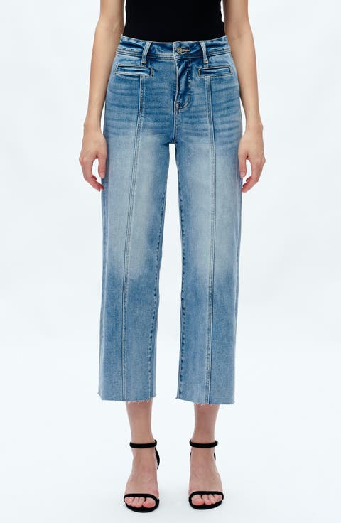 Seamed High Waist Raw Hem Crop Wide Leg Jeans