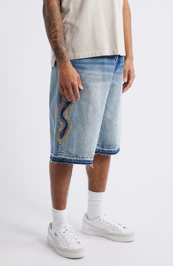 Snake Embroidered Denim Shorts