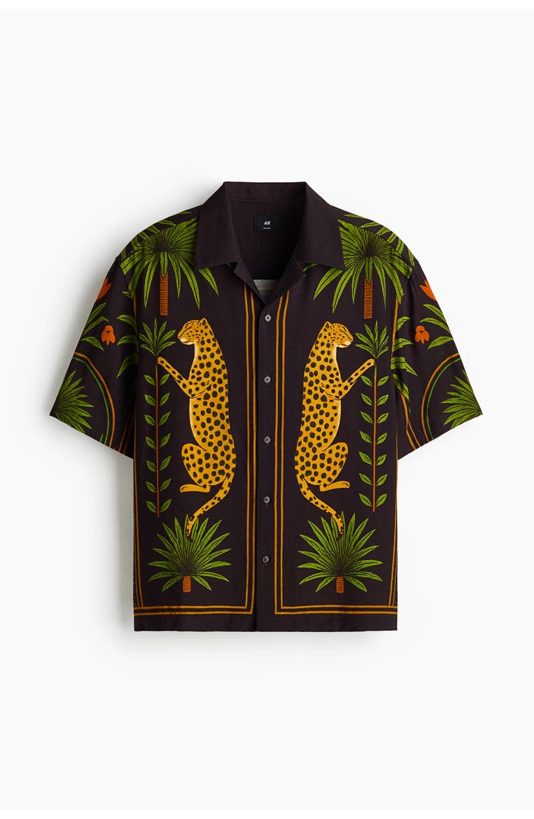H&M Relaxed Fit Printed Resort Shirt, Main, color, Dark Brown/Leopard