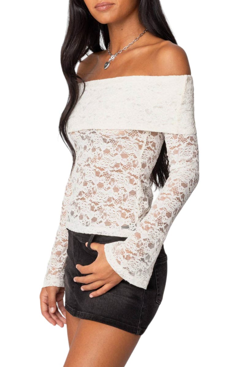 EDIKTED Ashley Sheer Floral Lace Off the Shoulder Top, Alternate, color, Cream